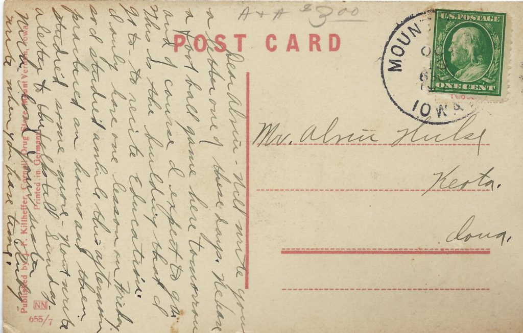 Photo of back of South Hall postcard