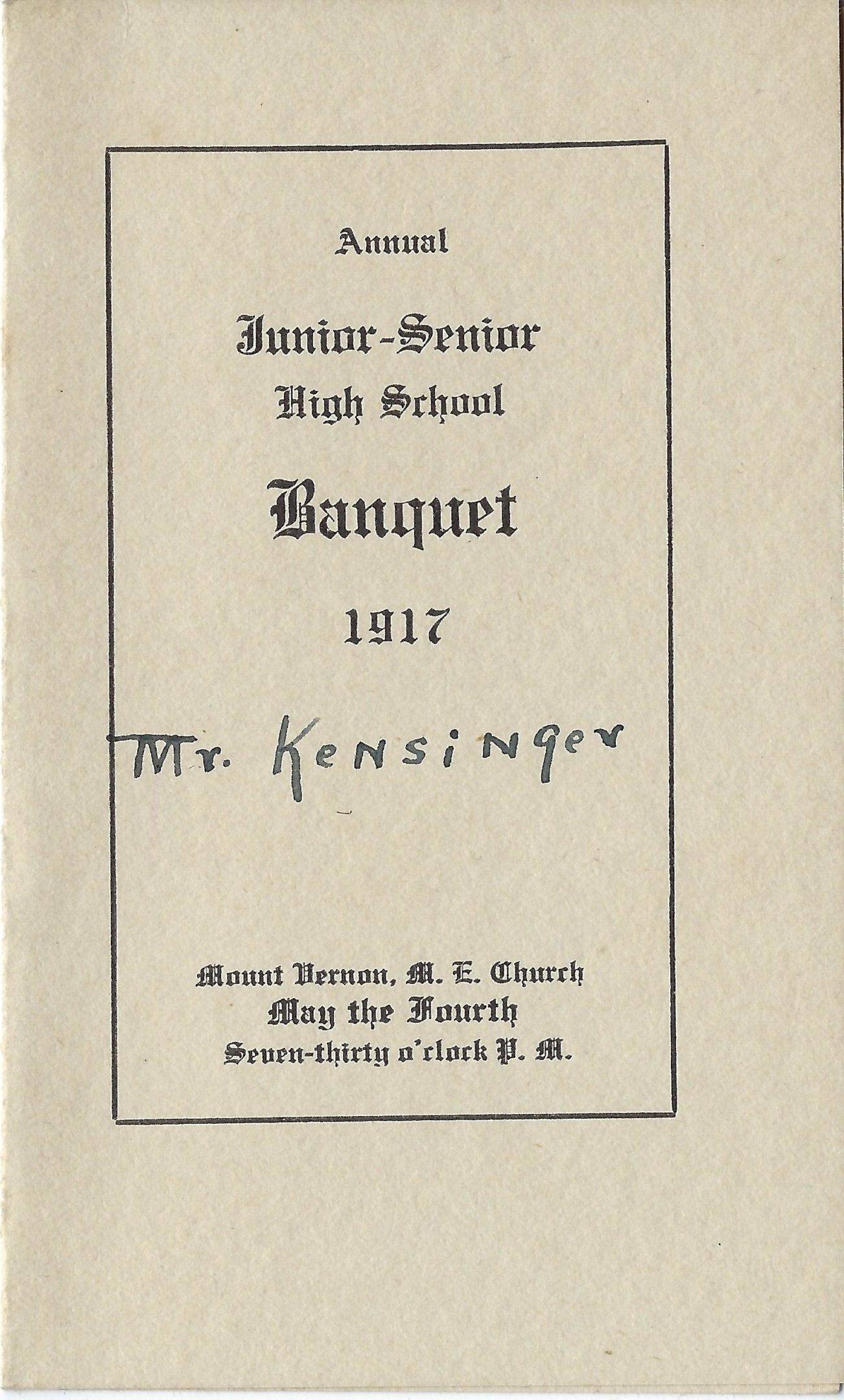 Photo of high school banquet 1917 menu