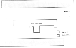 Map of the Mount Vernon Motel and the surrounding area, including Highway 30 and a residential area