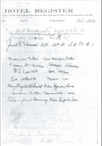 Photo of a page of the Cedar Springs Hotel register
