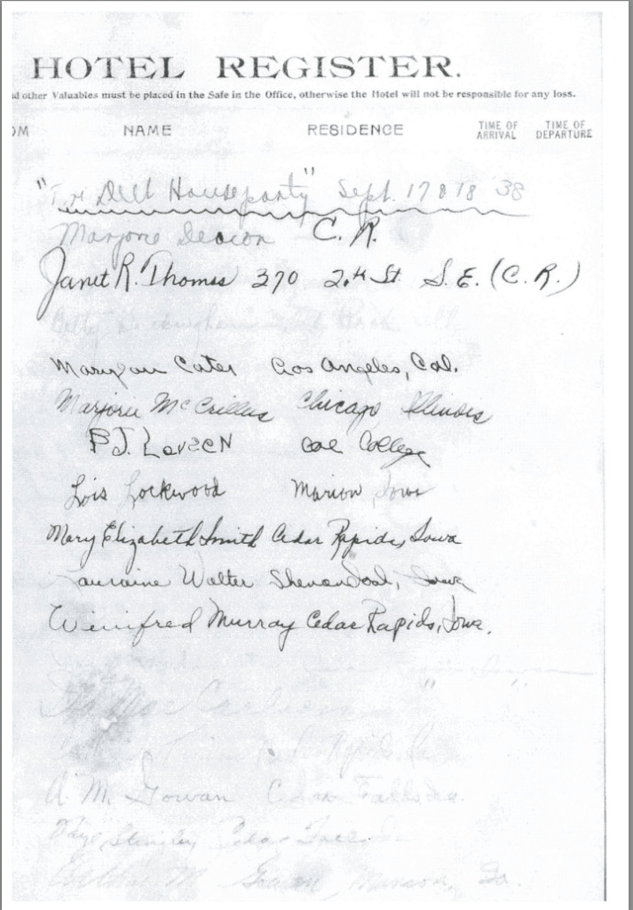 Photo of a page of the Cedar Springs Hotel register