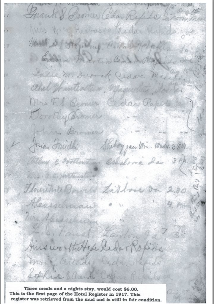 Photo of a page of the Cedar Springs Hotel Register