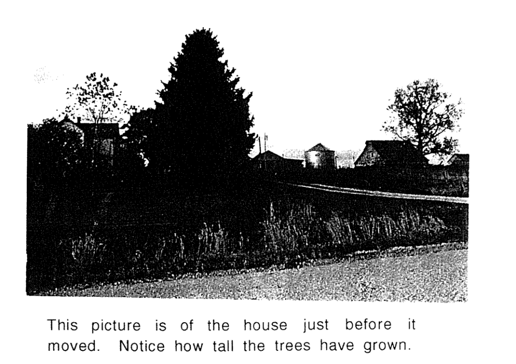 Black and white photo of American farmhouse slightly obscured by trees.