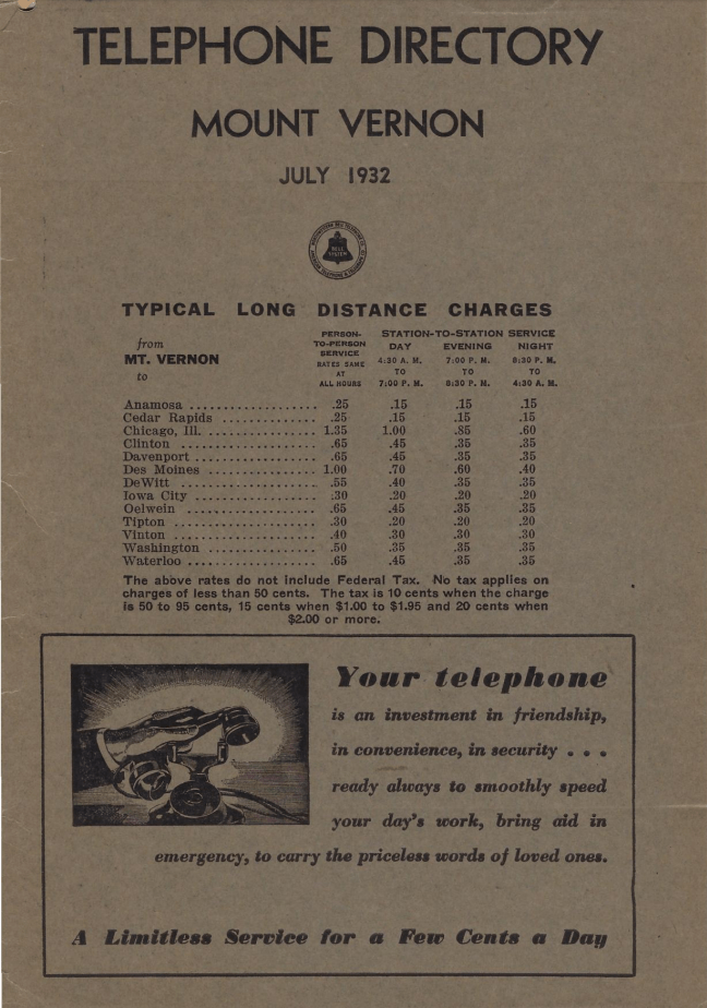 Photo of the 1932 MOUNT VERNON TELEPHONE DIRECTORY Cover Page - JULY