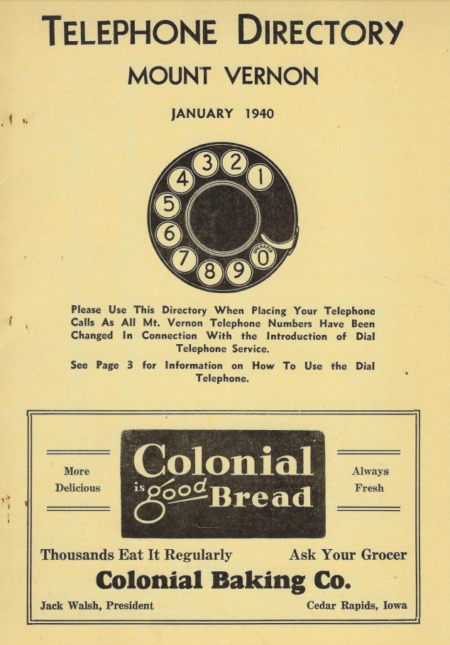 Photo of the cover page for the 1940 Mount Vernon Telephone Directory
