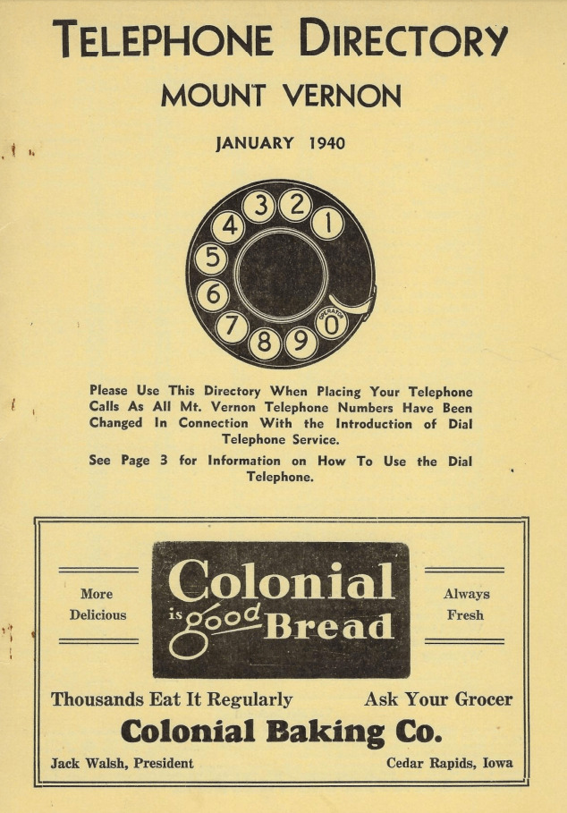 Photo of the cover page for the 1940 Mount Vernon Telephone Directory