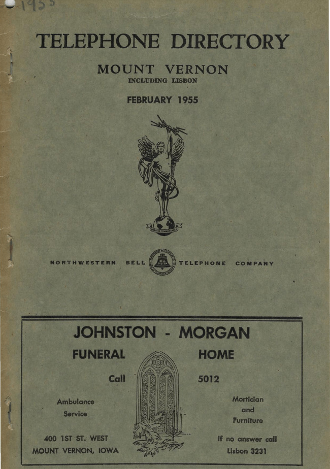 Photo of the Cover Page for the 1955 Mount Vernon Telephone Directory