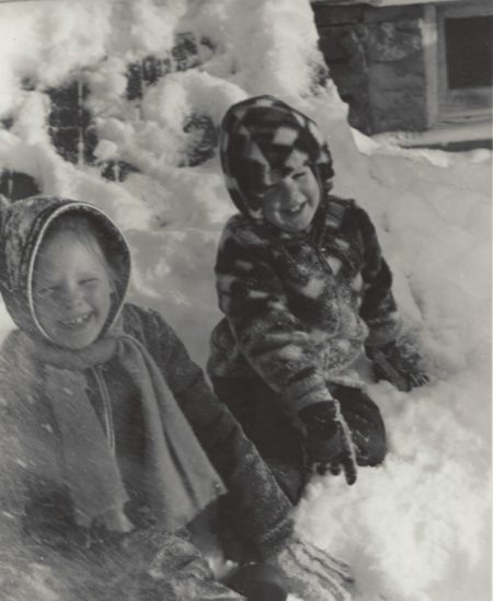 Photo of Kirsten and Warren Sutherland enjoying a snowstorm. 1974