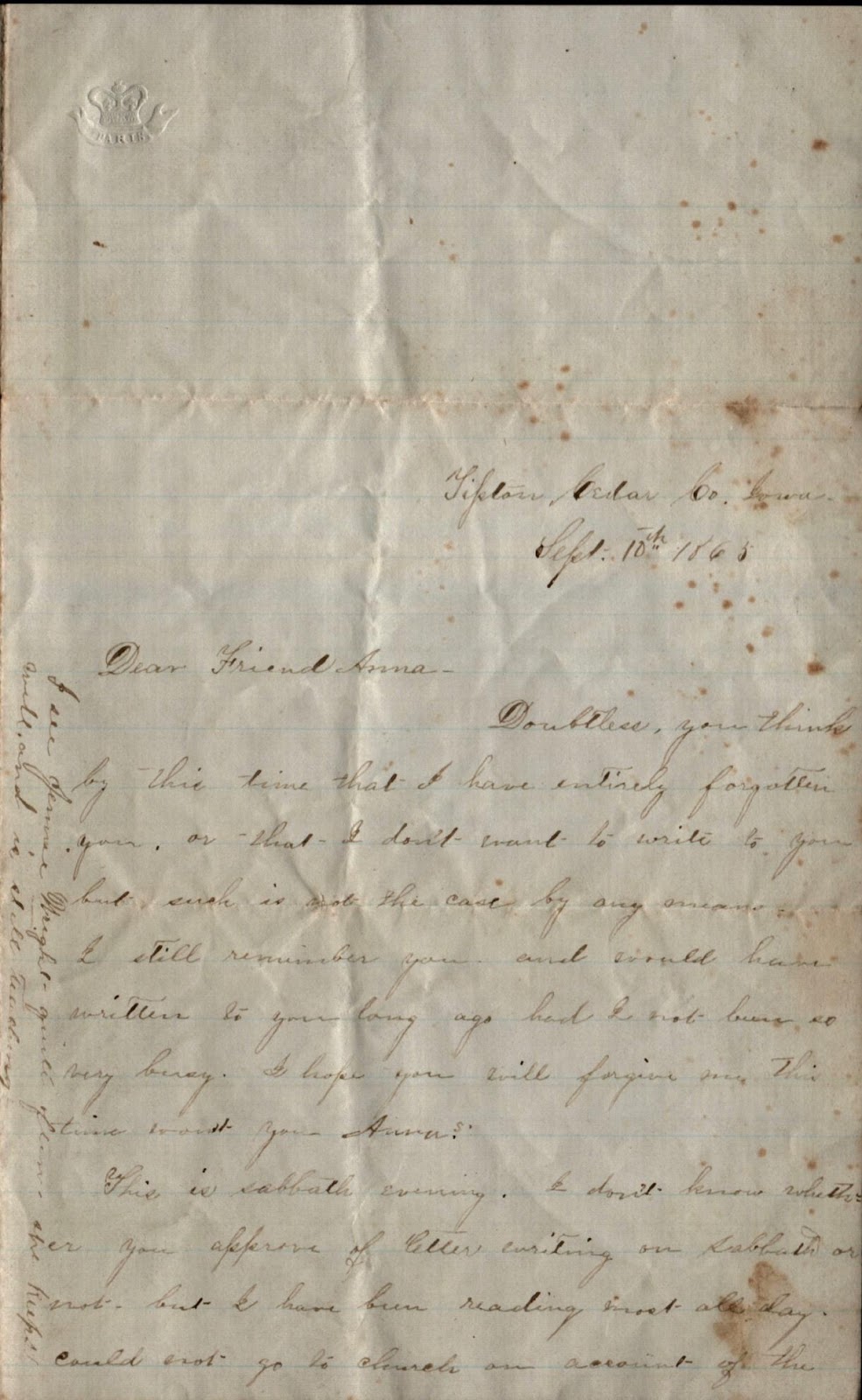 Photo of Letter to Anna Brackett from Mattie Carpenter 1865