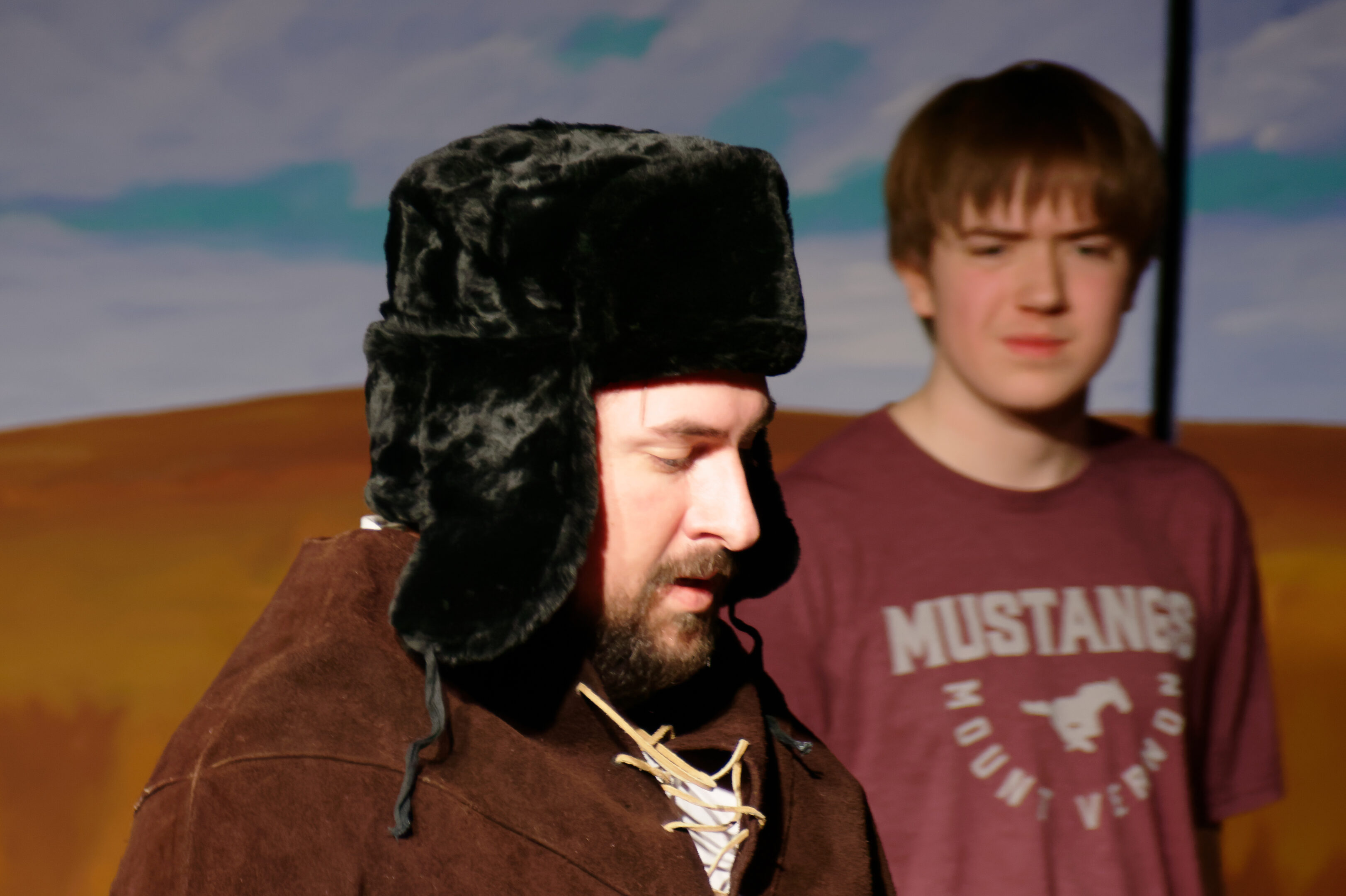 2023-Treasure Play-Trevor Baty as fictional French-Canadian trapper Antoine LeClere with Chester Rood as Ricky