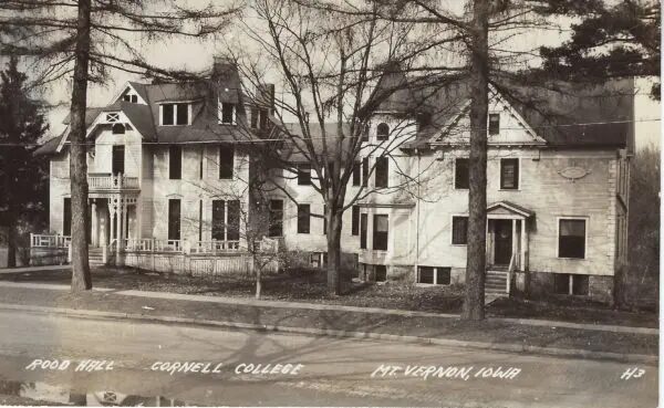 Black and white photo of  Cornell College's Rood Hall, date unknown 