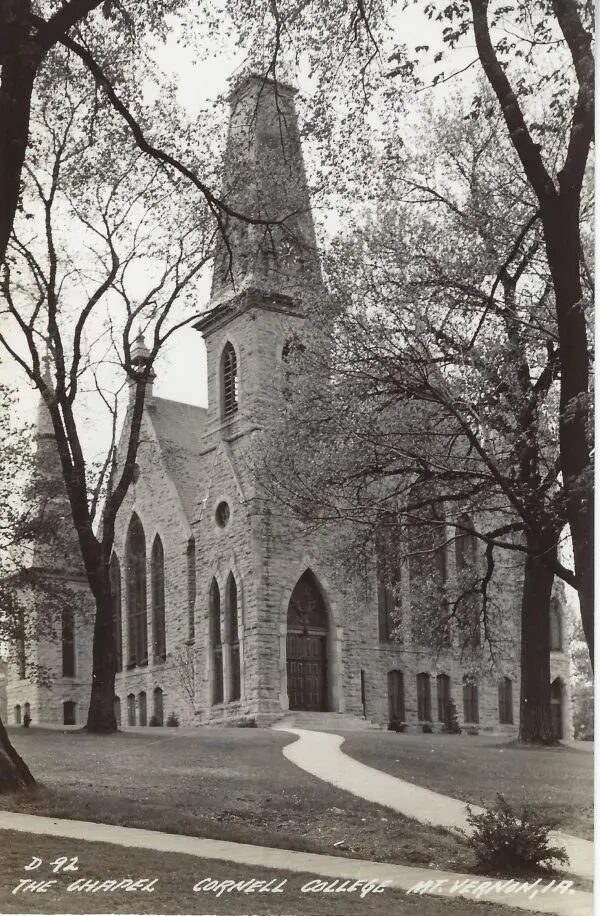 Black and white photo of King Memorial Chapel, circa 1945-1944.  A large 2-3 story stone church with a tall bell tower over the main entrance in the left hand side.