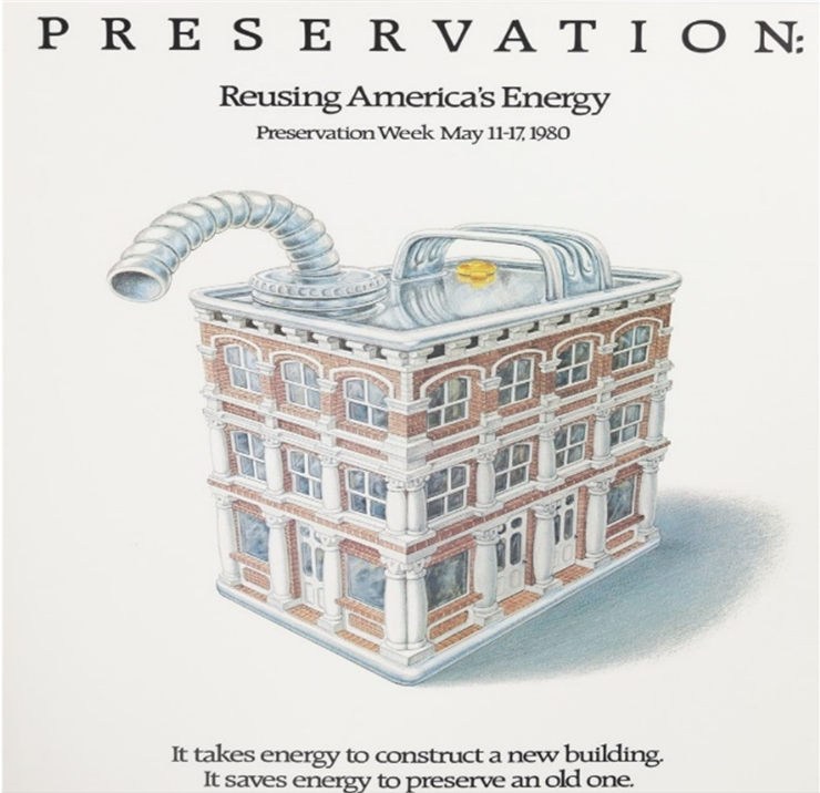 Graphic image of an historic brick building in the shape of a portable gasoline can.  The Title and subtitle refer to "Preservation", "Reusing America's Energy"
