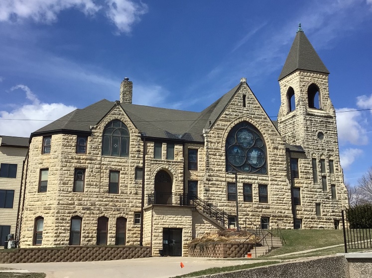 Example of Gothic Revival architectural style.  Large stone church (Mt. Vernon Methodist).  