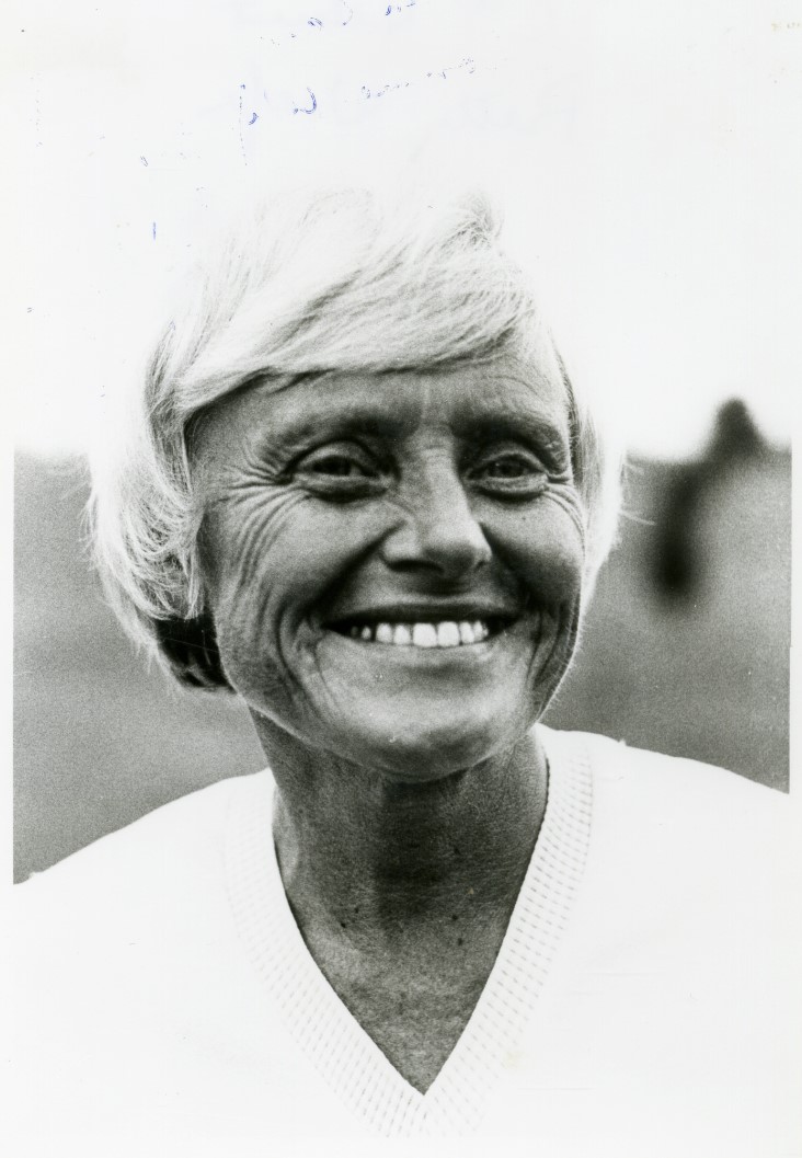 Black and white photo of Betty Wolfe, 1978 Women’s Golf Club Champ at Hillcrest, smiling.