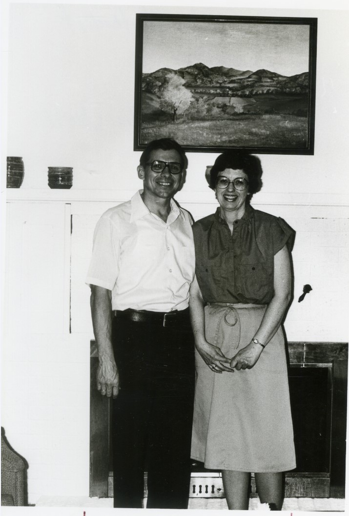 Black and white photo of Wayne Wasta, the new United Methodist Minister, and his wife Phyllis, standing together.