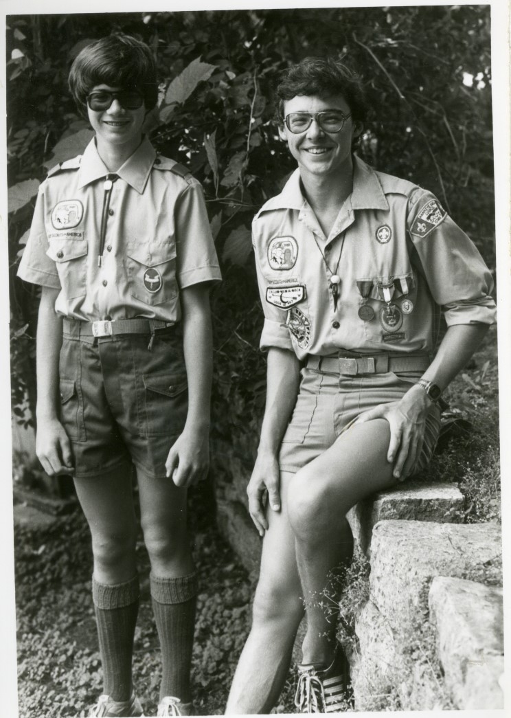 Black and White photo of boy scouts Todd Bothel and Bill Strauss standing together.