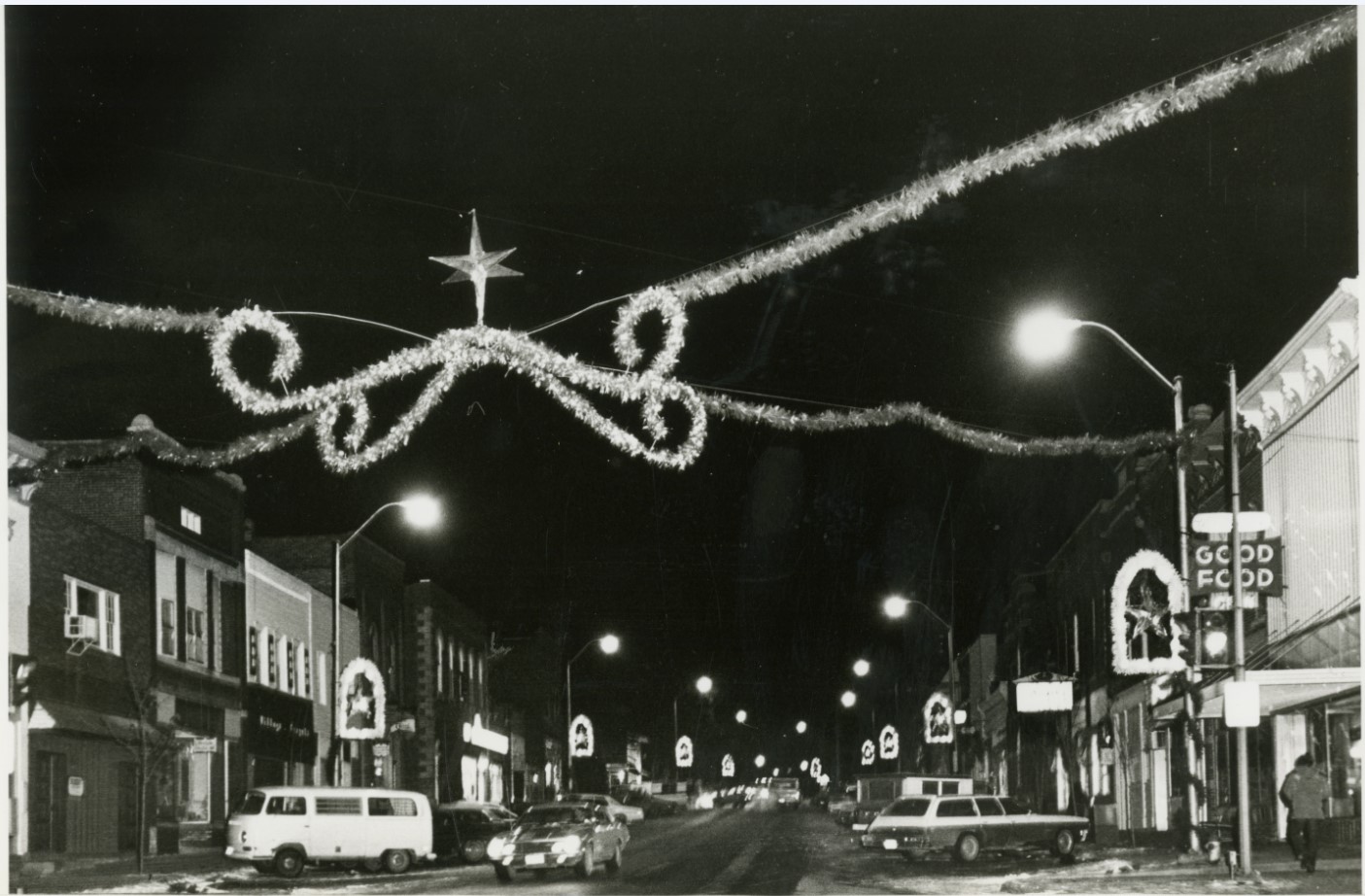 Black and White Photo of Main Street decorated for Christmas.
